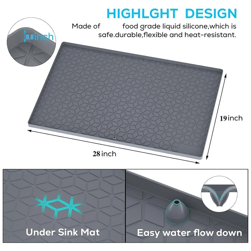 Under Sink Mat For Kitchen, Silicone Waterproof Liner, Flexible Organizer Tray With Drain Hole, Easy To Clean (28X19)