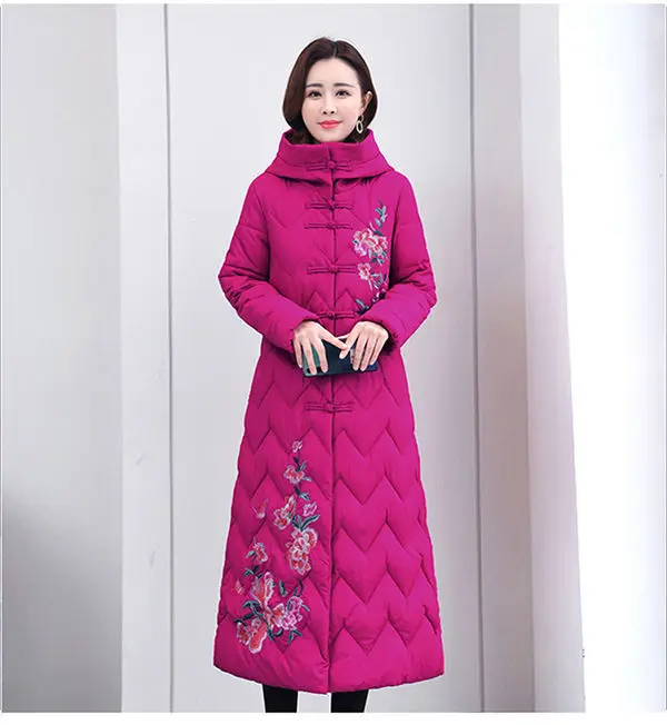 Winter Down Cotton Padded Women Chinese National Style Embroidered Long Outwear Thickened Warm Hooded Parka Coat Female