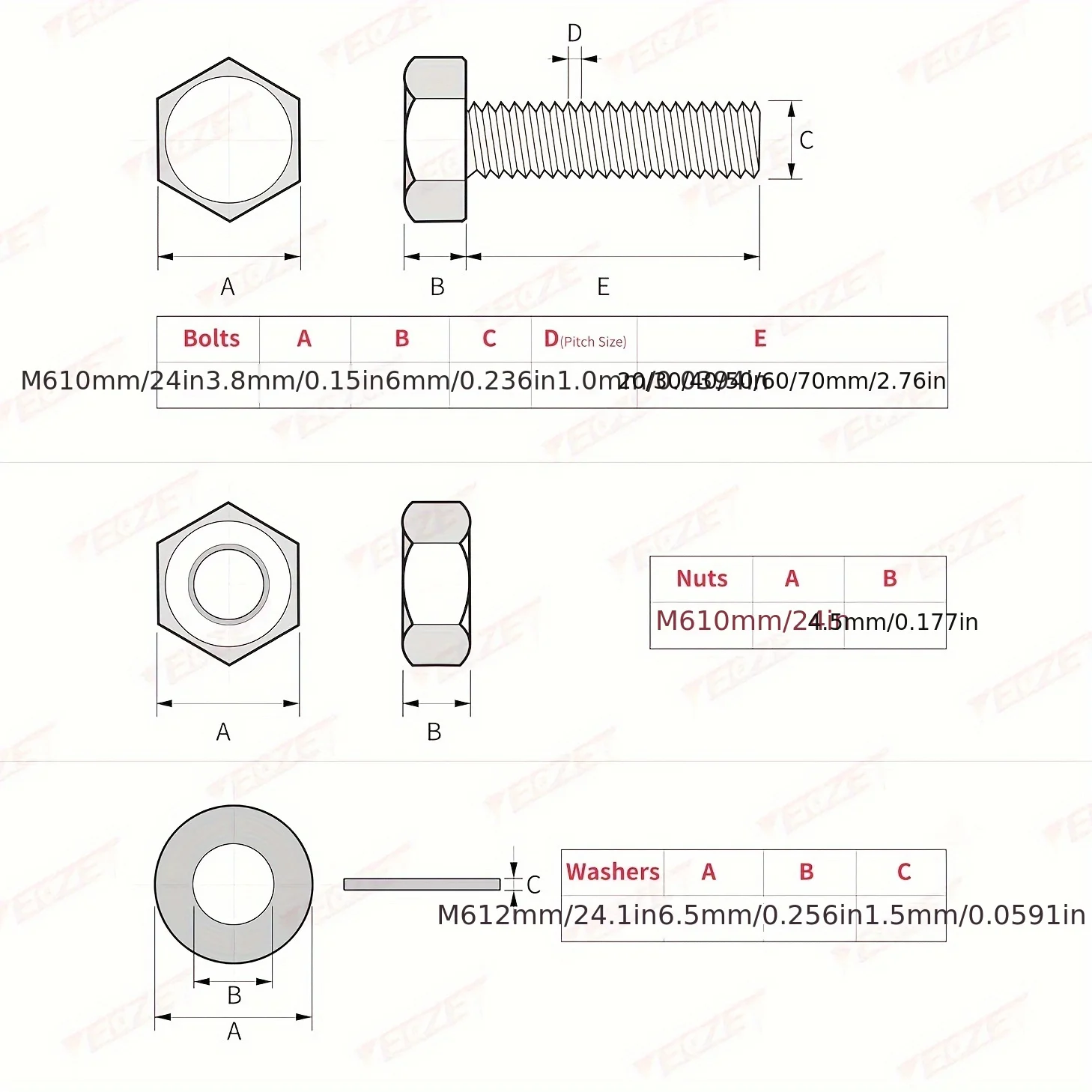 36 Set M6 Hex Head Screws Bolts and Nuts Flat & Lock Washers Assortment Kit Alloy Steel Grade 8.8 (20mm 30mm 40mm 50mm 60mm 70mm