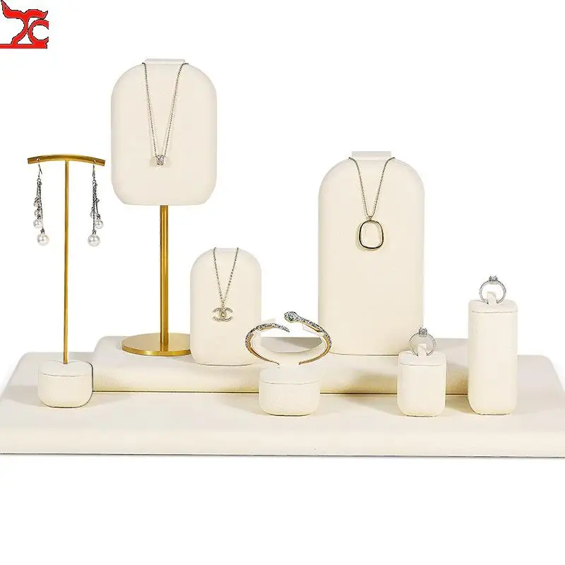 Ultra Fiber Metal Window Jewelry Display Stand Apricot White Counter Set Table Round Cornered Necklace Earrings Ring Bracelet