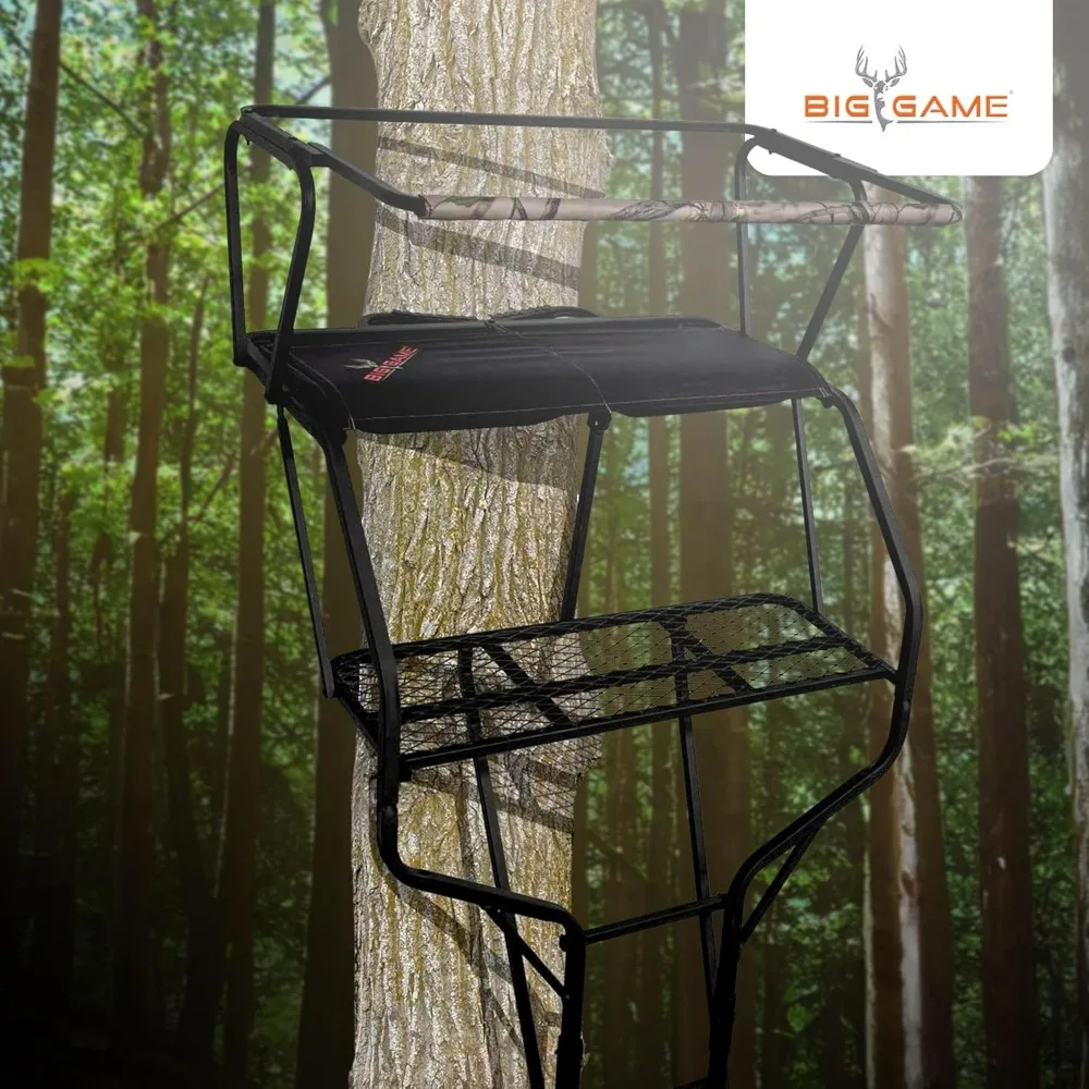Hunting Deer 2-Person Ladder Tree Stand with Seats, 18 Feet Tall, Camouflage/Black - Adjustable Climbing Platform