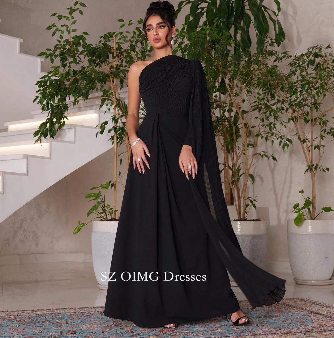 

OIMG One-Shoulder Black Women Sexy Vintage Ruched A-Line Prom Dresses with Cape Sleeves Evening Gowns 2023 Formal Party Dress