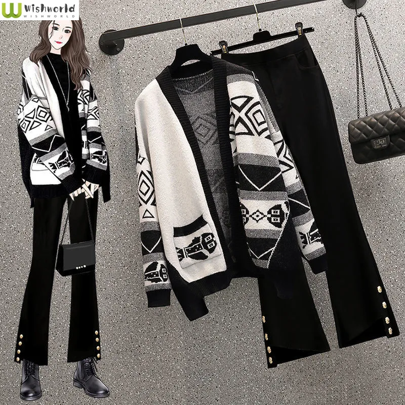 

Autumn and Winter Suit Women 2022 New Korean Fashion Age Reducing Loose Cardigan Sweater Casual Bell Bottoms Two-piece Set