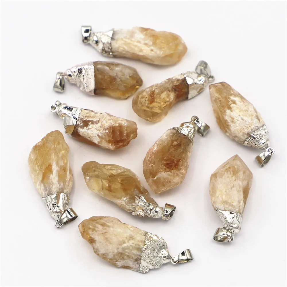 New Natural Stone Irregular Yellow Crystal Citrine Pendants Charms Silver Plated for Fashion Women Jewelry Necklace Making 12pcs