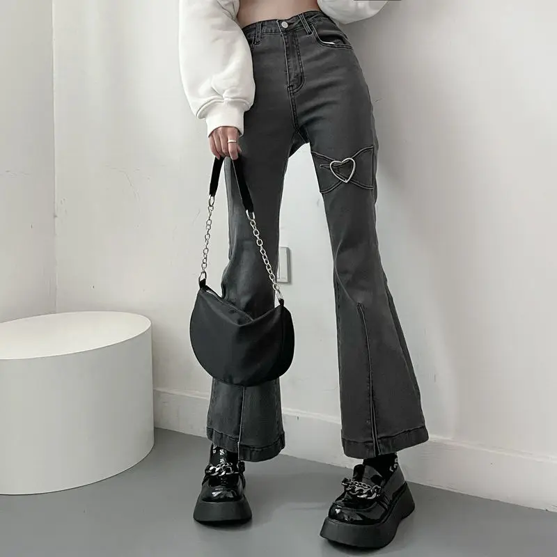 

Feiernan Y2k Heart Jeans for Women Vintage Gray Denim Flare Pants 90s Aesthetic Bottoms Streetwear Mom Wash Trouser Harajuku