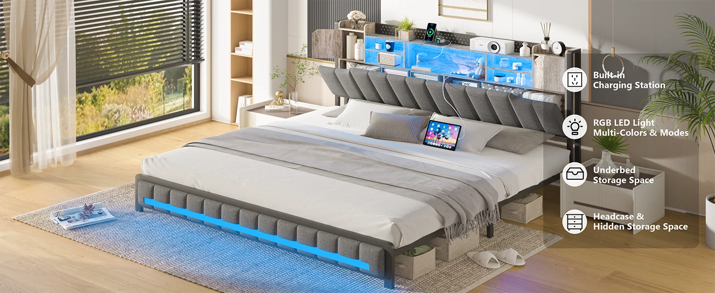 Description Picture 2 of itemKing Size Bed Frame and Bookcase Storage Headboard,LED Upholstered Bed Frame with Charging Station,Light up Platf