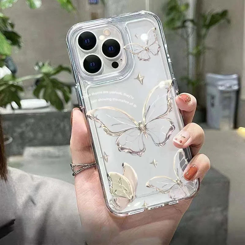 Elegant Gold Butterfly Transparent Shockproof Phone Case with Soft Back Cover