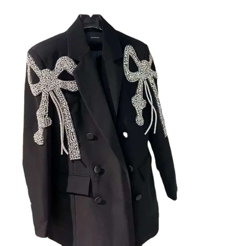 SuperAen Loose Bow Design Casual Suit Black Blazer Women\'s Spring Autumn High Street Black Blazer for Women