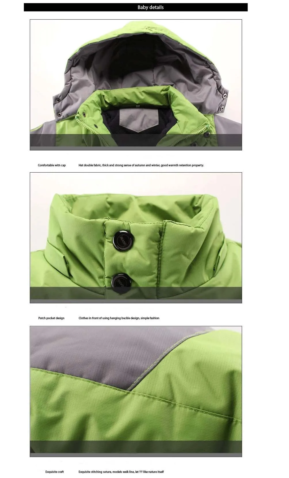 Winter Warmer Fleece Gepolsterter Dicker Kindermantel Wasserdichter Kontrast Abnehmbare Kapuze Reißverschluss Mädchen Jungen Jacken Kinder Outfits 3-12 Jahre – Detail 9