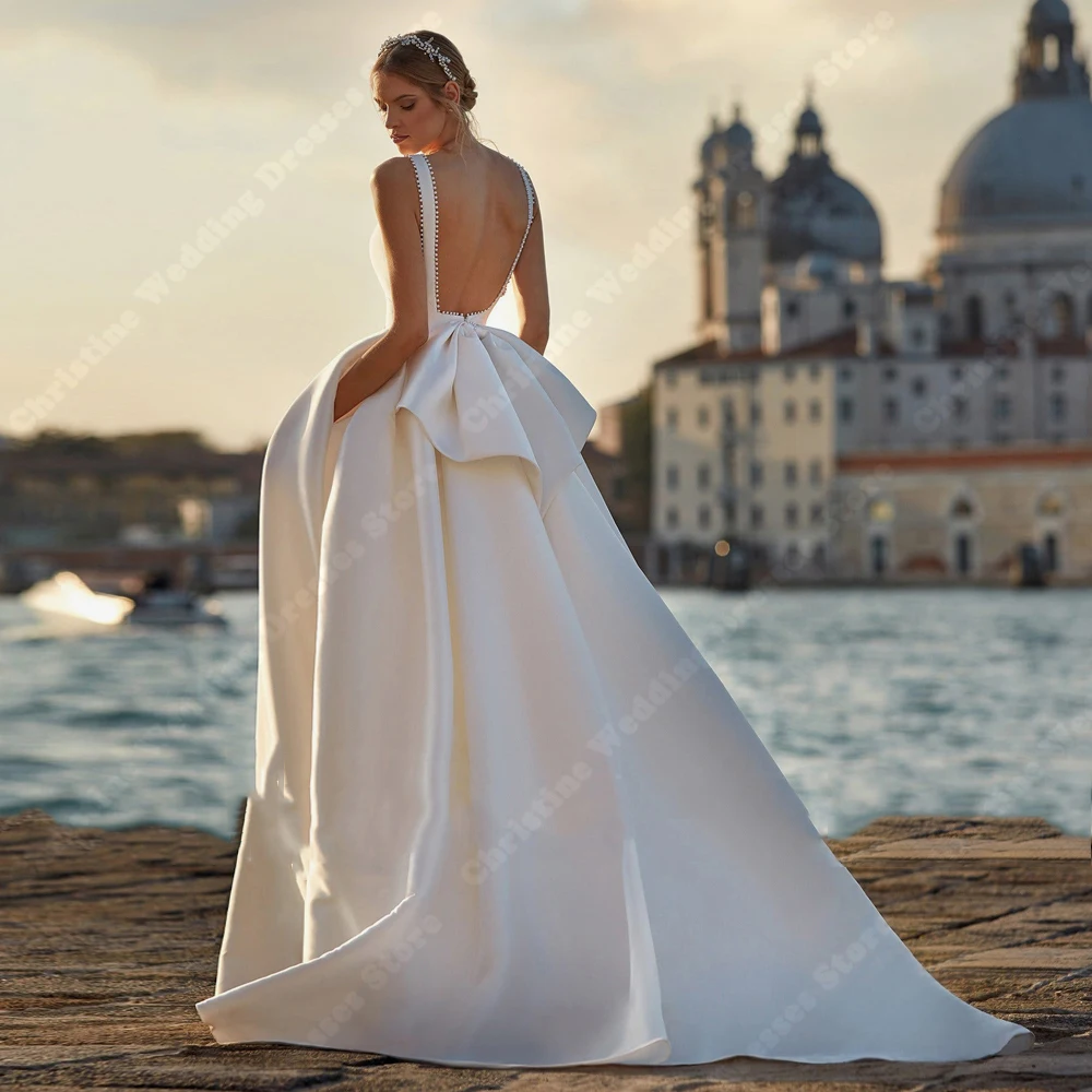 Elegant Satin Women Wedding Dresses Sexy Princess Banquet A-Line Bride Gowns Mopping Length Bohemia Vestidos De Novia Customized 2