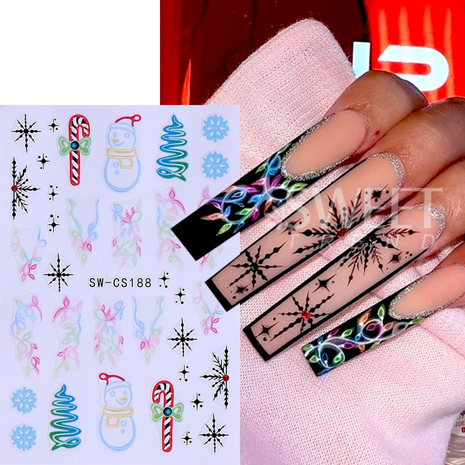 2pcs Christmas Nail Stickers Decals Snowman Reindeer Snowflakes Design Winter 3D Self-Adhesive Nail Art Decoration for Women