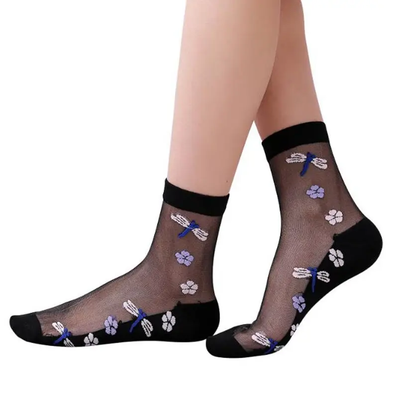 

Пикантные кружевные женские носки с цветочным принтом, сетчатые носки для женщин, мягкие удобные эластичные сетчатые трикотажные прозрачные короткие носки до щиколотки с оборками