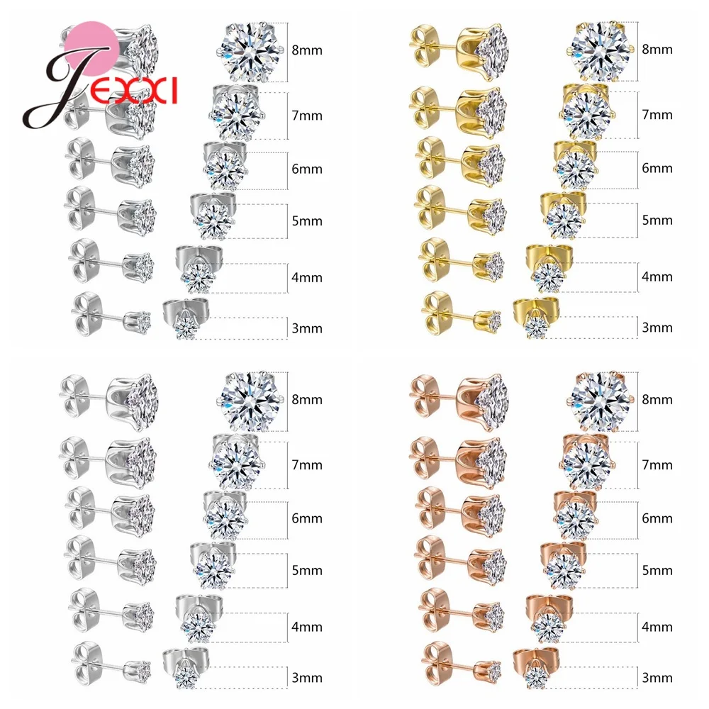 6 Pairs 3/4/5/6/7/8MM Mix Size 925 Silver Needle Rhinestone Claw Setting Simple Classic Stud Earrings for Man Woman Girl Boy 2