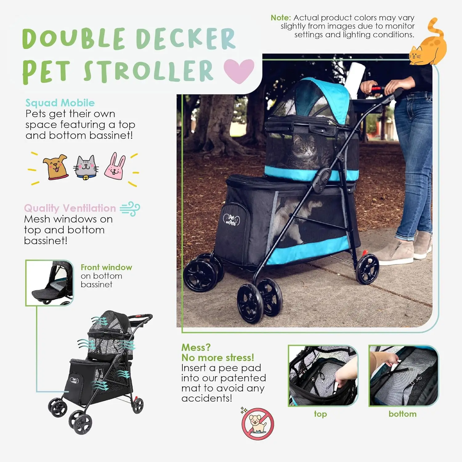 Pet & Pets Double Decker Pet Stroller 11.53 Pound Teal Very Light and Folds Flat for Easy Travel Durable Pvc Mesh Windows