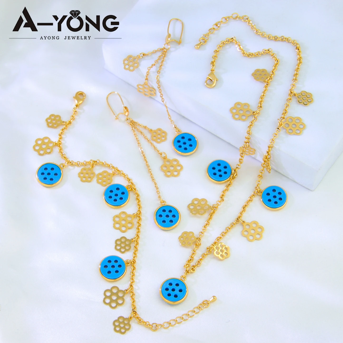 

Gold Color Jewelry Small Set for Women 21K Gold Plated Brazil Vintage Necklace Earrings Bracelet Set Bride Wedding Party Gifts