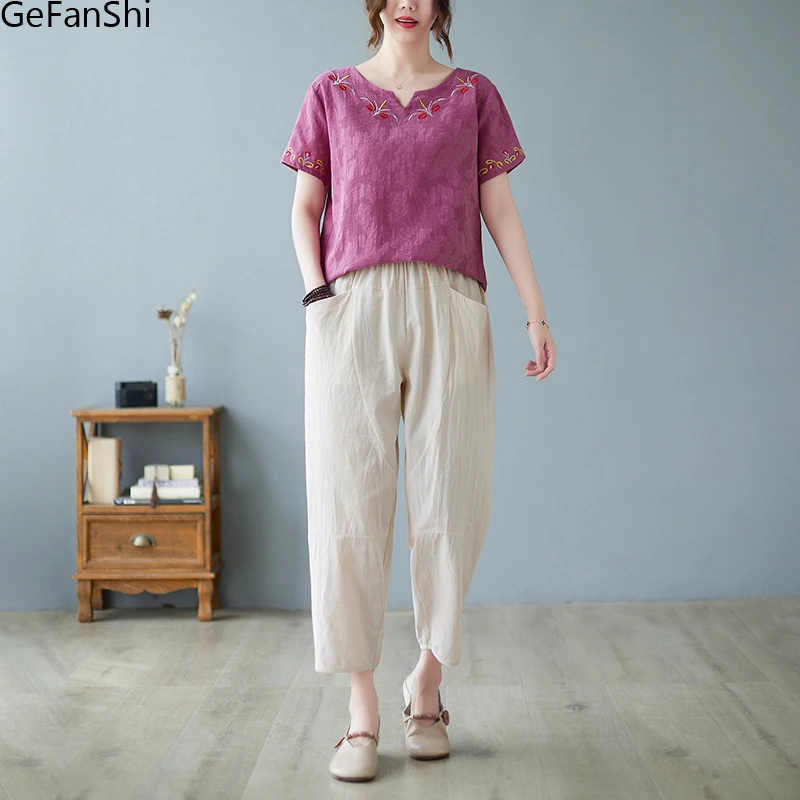 

New Summer Women 2Pcs Embroidery Blouse+Pants Office Two Pieces Set Casual Cotton Linen Tops And Calf-length Trousers Sets Suit