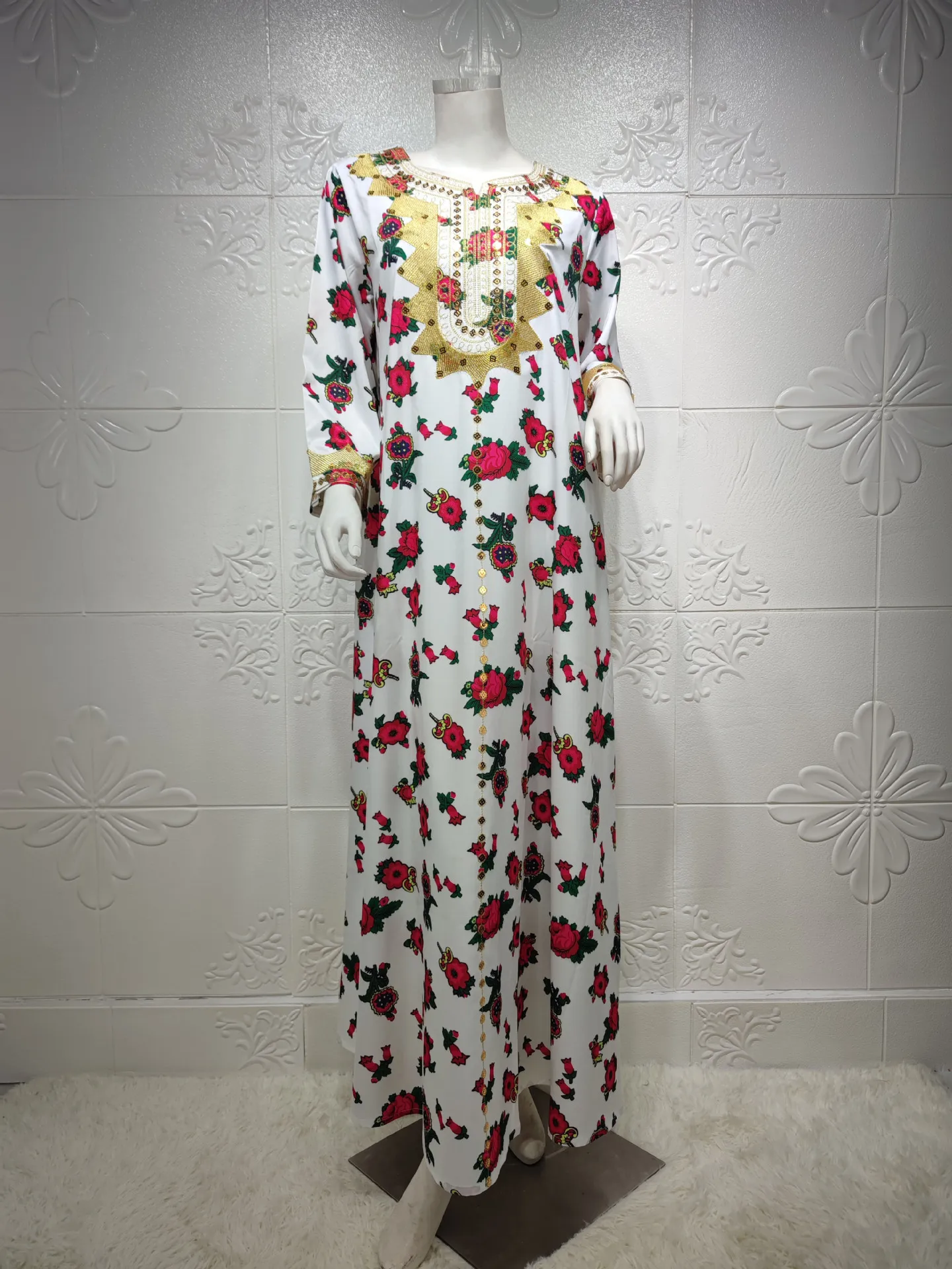Elegant Casual Floral Embroidery Beaded Long Sleeve Muslim Dresses Party Belted Kaftan Modest Clothing Women Ramadan
