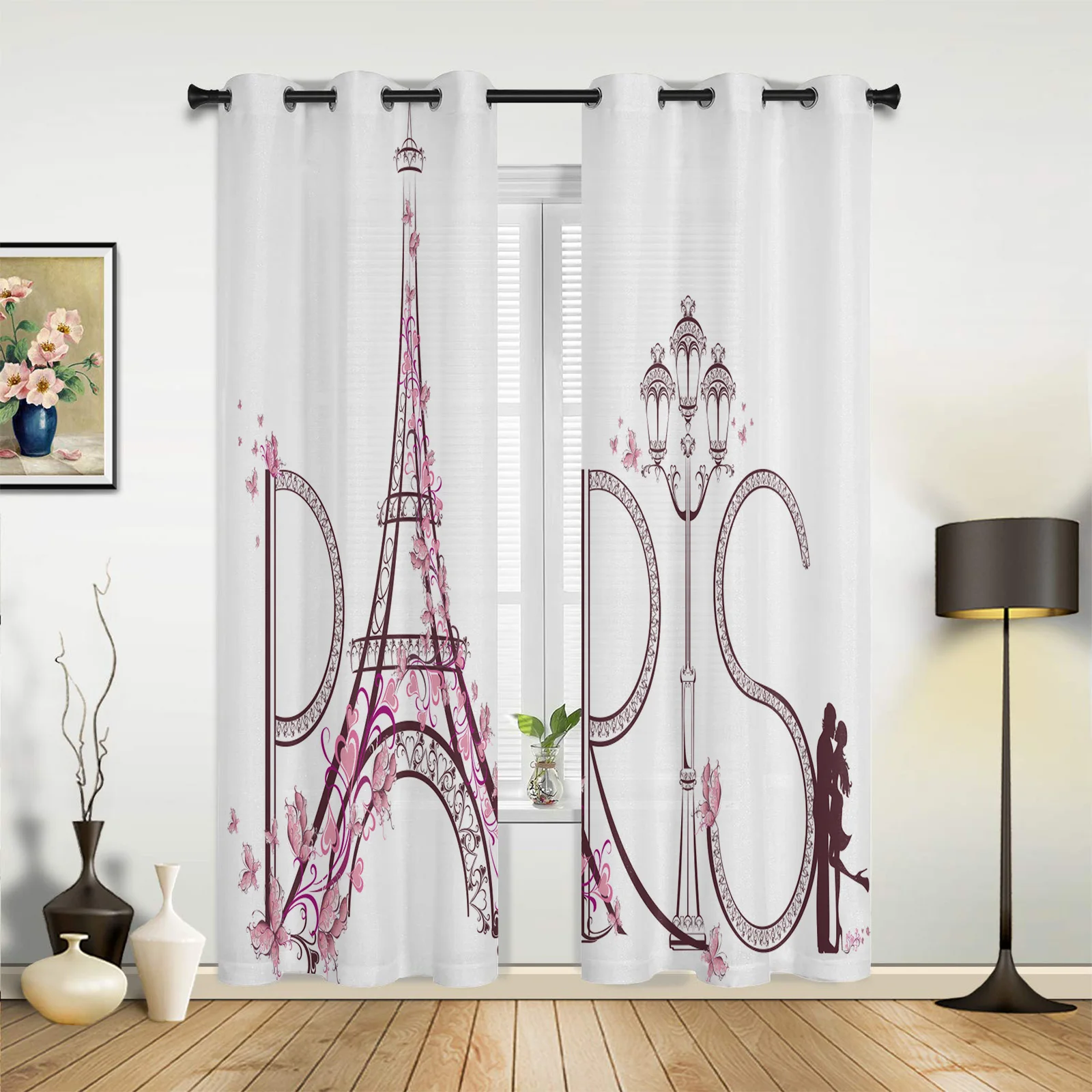 France Paris Eiffel Tower Pink White Curtains For Bedroom Living Room