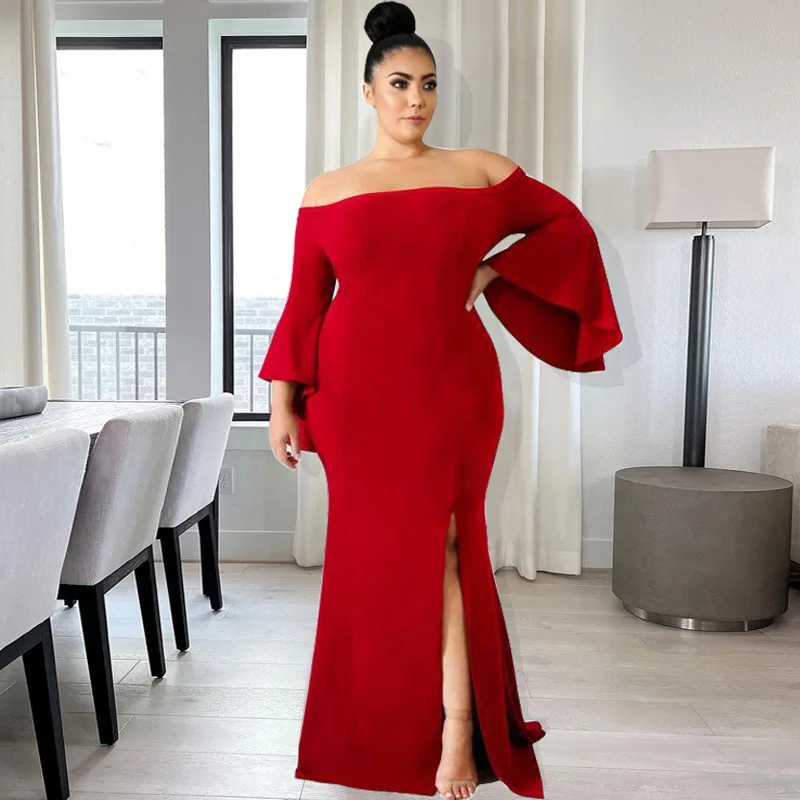 SOMO Sexy Off-shoulder Solid Color Elegant Split Dress Flare Sleeve Party  Dress Women Plus Size Clothing Wholesale Dropshipping - AliExpress