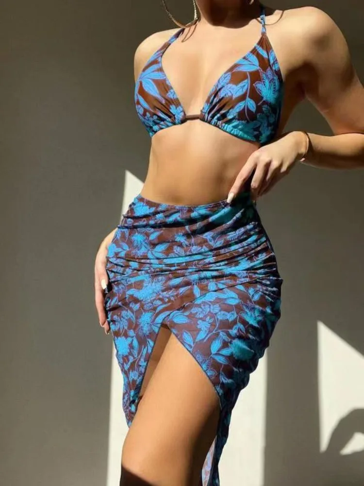 3 Pieces Bikini Sexy Women Swimsuits Female Swimwear Floral Bikini Sets Cover Ups Swimming Suits Outfits Beachwear Maxi Dress