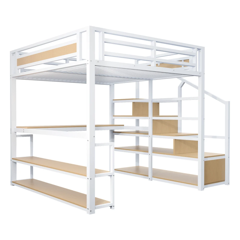 140x200 Metall-Hochbett mit Stauraum, Leiter, Regalen und Tisch, Sicherheitsgeländer-Design mit Geteilten Metallregalen, Eisenrahmen-Bett – Detail 21