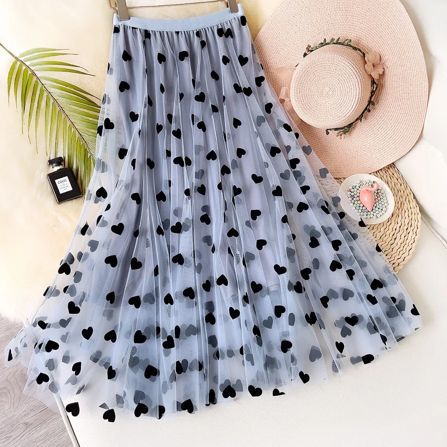 Vintage High Waist Love Heart Print Tulle Skirt A-line Mesh Tutu Skirts Womens 2022 Spring Summer black midi skirt