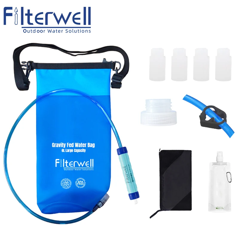 Filterwell TPU 물방울 중력 Fed 워터 백, 물 필터 빨대 포함, 캠핑 여행 배낭 하이킹 및 비상 상황, 6L 