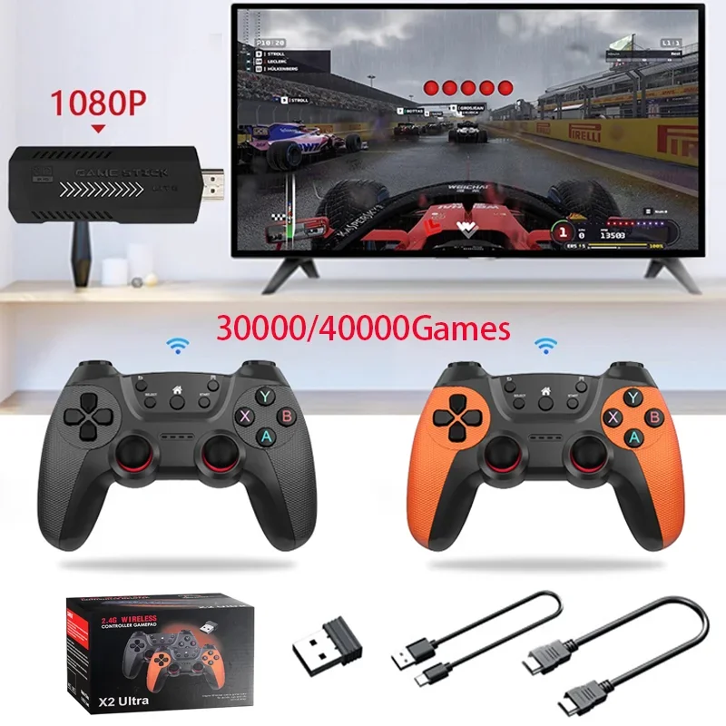 X2 울트라 비디오 게임 스틱 콘솔 또는 더블 무선 컨트롤러, 2.4G 전용, 4K HD 40000 게임, 128G 레트로 게임, 크리스마스 선물