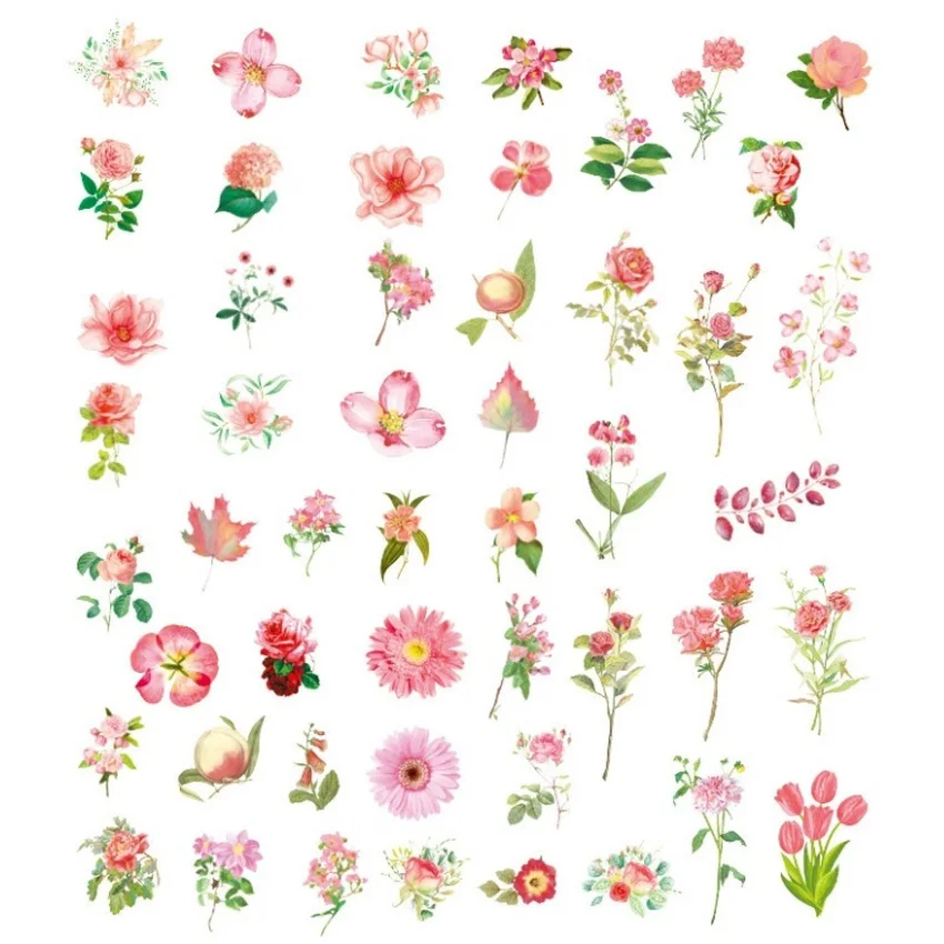 100pcs Colorful Pink Flower Style PVC Sticker Tag Card Set Scrapbooking DIY Gift Decoration