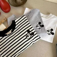 T-shirt rayé Mickye Mouse pour enfants, manches Leurs lan, manches longues, dessin animé, vêtements pour bébés garçons et filles, mode printemps, 2025 1