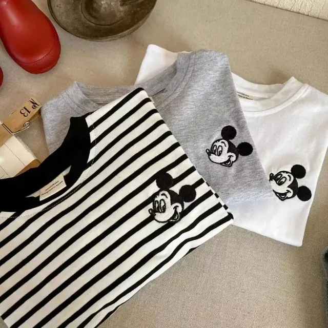 T-shirt rayé Mickye Mouse pour enfants, manches Leurs lan, manches longues, dessin animé, vêtements pour bébés garçons et filles, mode printemps, 2025 1