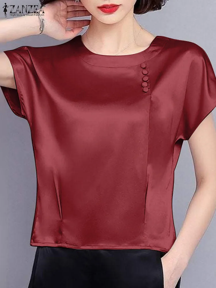 ZANZEA Korean Fashion Solid Blouses Glossy Velvet Summer Women's Tops O-neck Short Sleeve Elegant Office Blusas Casual Shirts