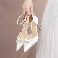 2025 New String Bead Pumps Pointed Thin Heels White Wedding Shoes Bridesmaid High Heels Sexy Satin Single Shoes - Image 3