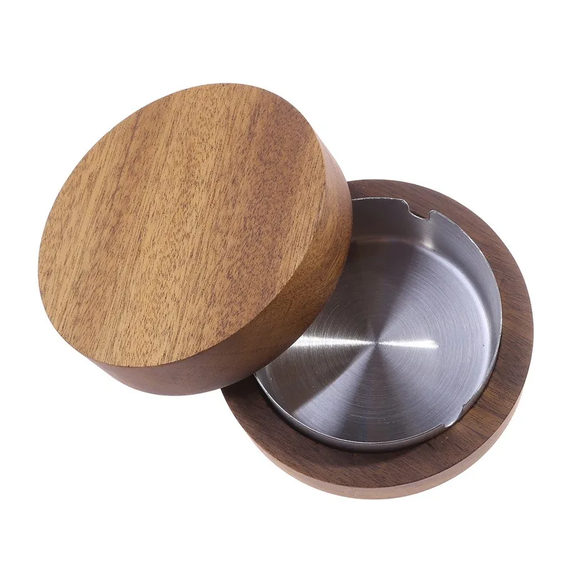 Walnut Wood Ashtrays With Lid Covered Windproof Ashtray With Stainless Steel Liner Indoor Outdoor Ash Tray For Home