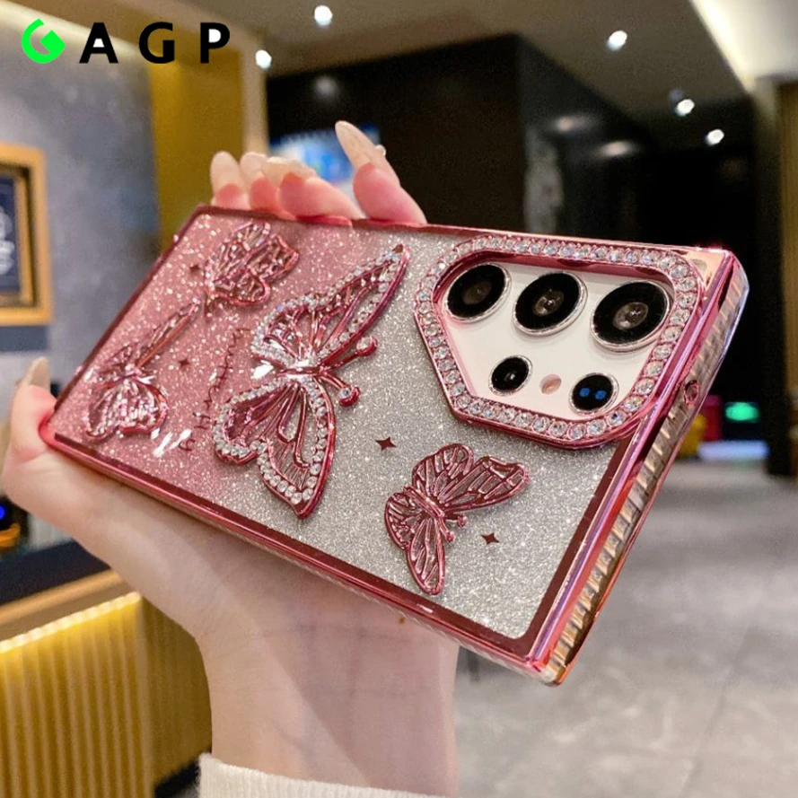 Cute Cartoon 3D Butterfly Diamond Glitter Gradient Phone Case with Plating Trim