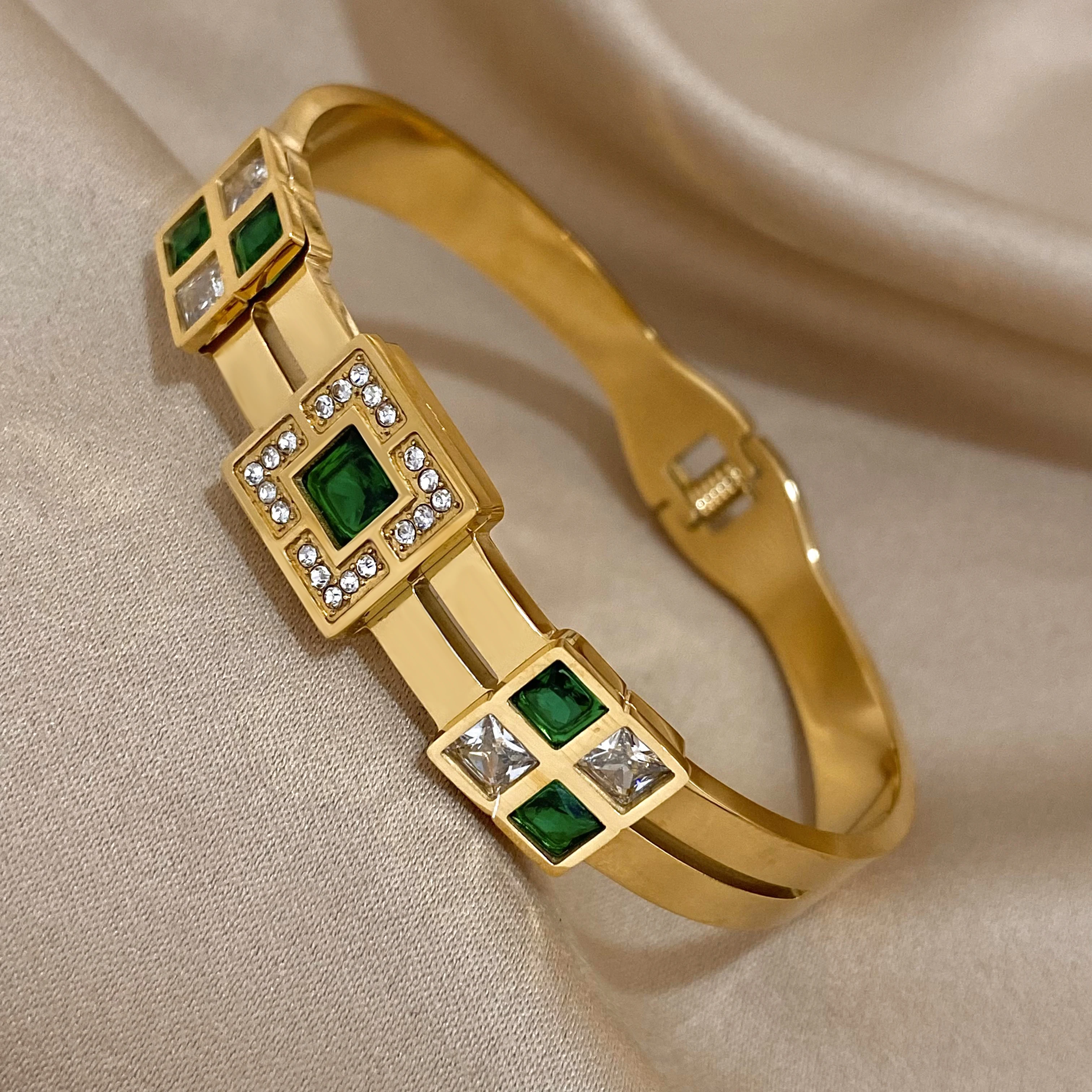 Bangle Bracelet Zircon Bracelet Stainless Steel Bracelet Flashbuy Trendy Chic Green Zircon Stainless Steel Bangle Bracelets for Women Charm Texture Simple Gold Color Accessories