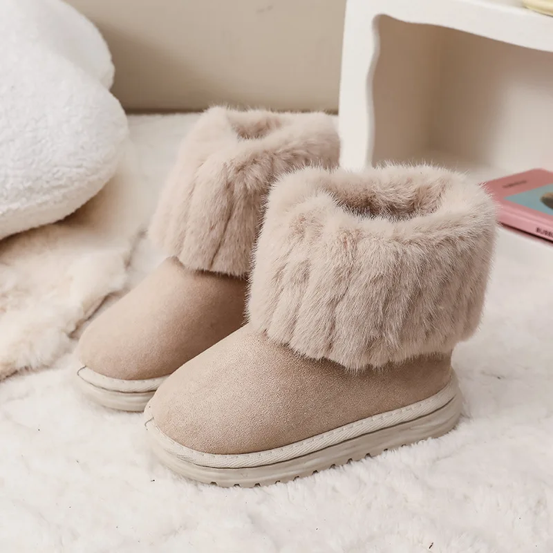 Outdoor Girls Winter Thermal Boots Classic Beige Soft Kids Fashion Ankle Snow Boots Warm Furry Causal Children's Cotton Boots