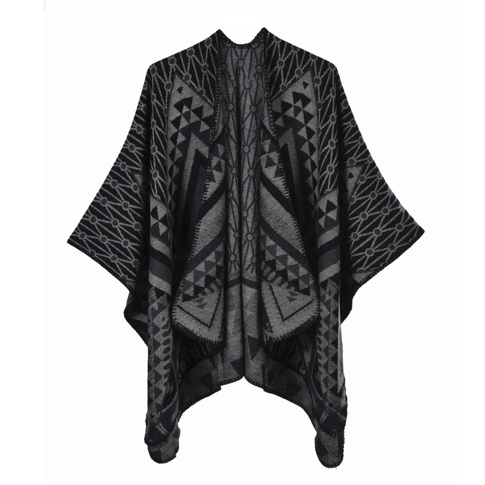 Autumn  Winter Split Large Shawl Cape Retro Fashion Simple Shawl Blanket Women Cape  Ponchos Lady Coat Black women cashmere feel shawl lady classic geometric design cape spring autumn retro cardigan winter cloak luxury soft large blanket