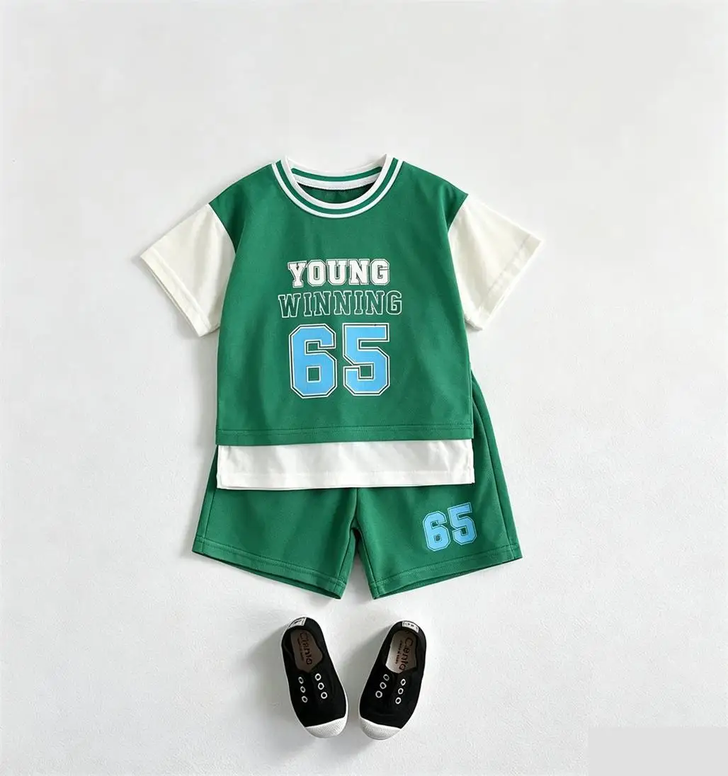 Boys Casual Sports Clothes Short-sleeved Outfits Round Neck TShirt+Shorts 2pcs Summer Clothing Thin Tees Shorts Trendy Wear - 2