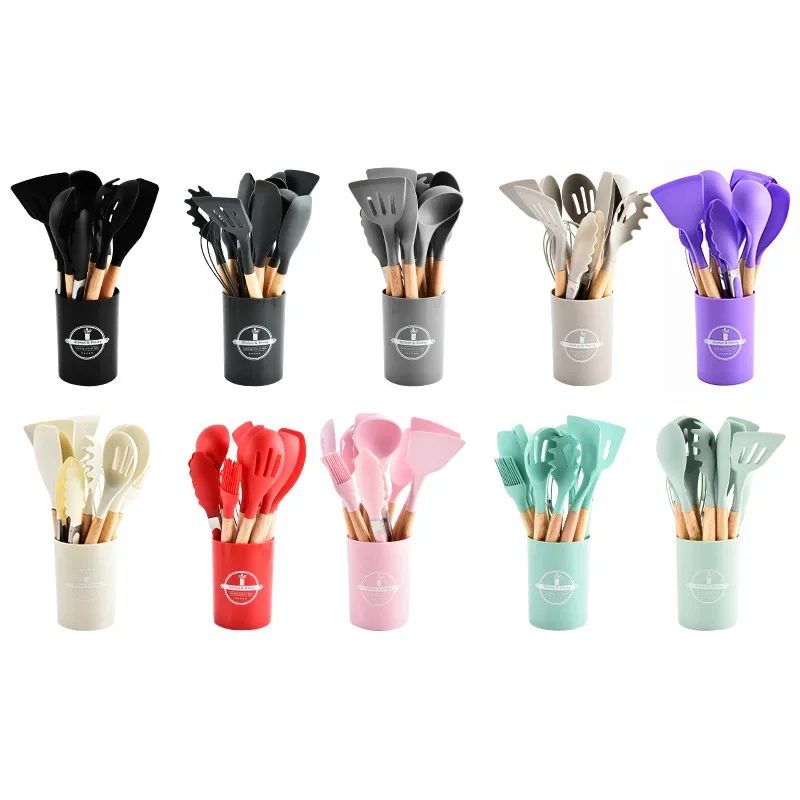 12-Piece Silicone Kitchen Utensil Set Wood Handle Non-Stick Cookware Storage Tube Home Cooking Tools Set