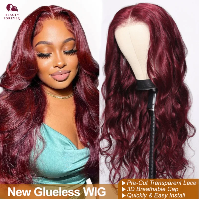 

Clearance Beautyforever 6x4.75 Burgundy Glueless Wear and Go Human Hair Wig Body Wave Ready to Go 99J Colored Brazilian Wig