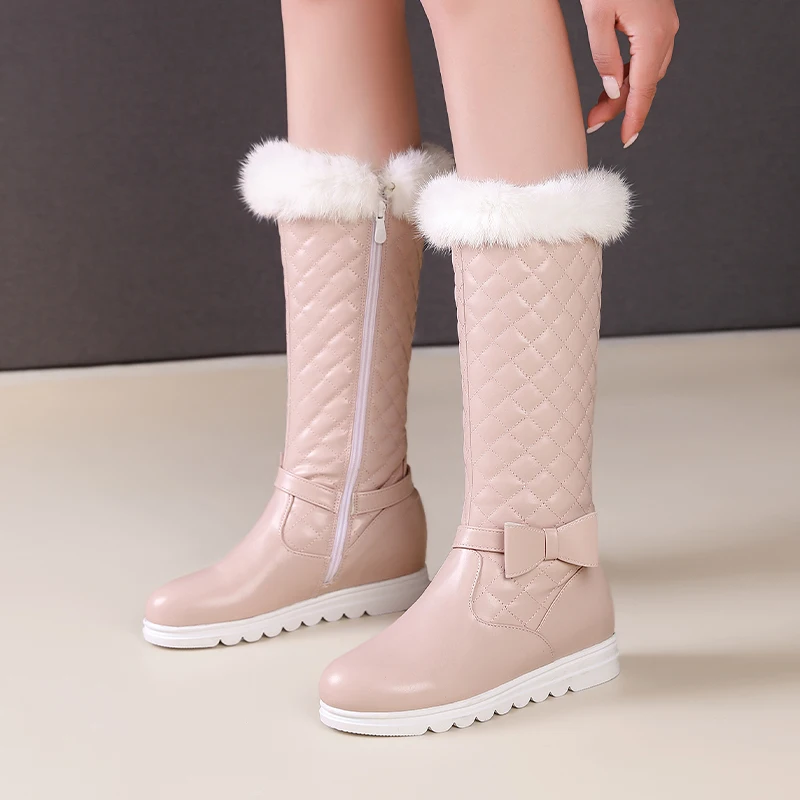 

Winter Warm Fur Mid-calf Snow Boots Ladies Flat Heel Height Increasing Bow Belt Party Shoes for Women Black Pink White Drop Ship