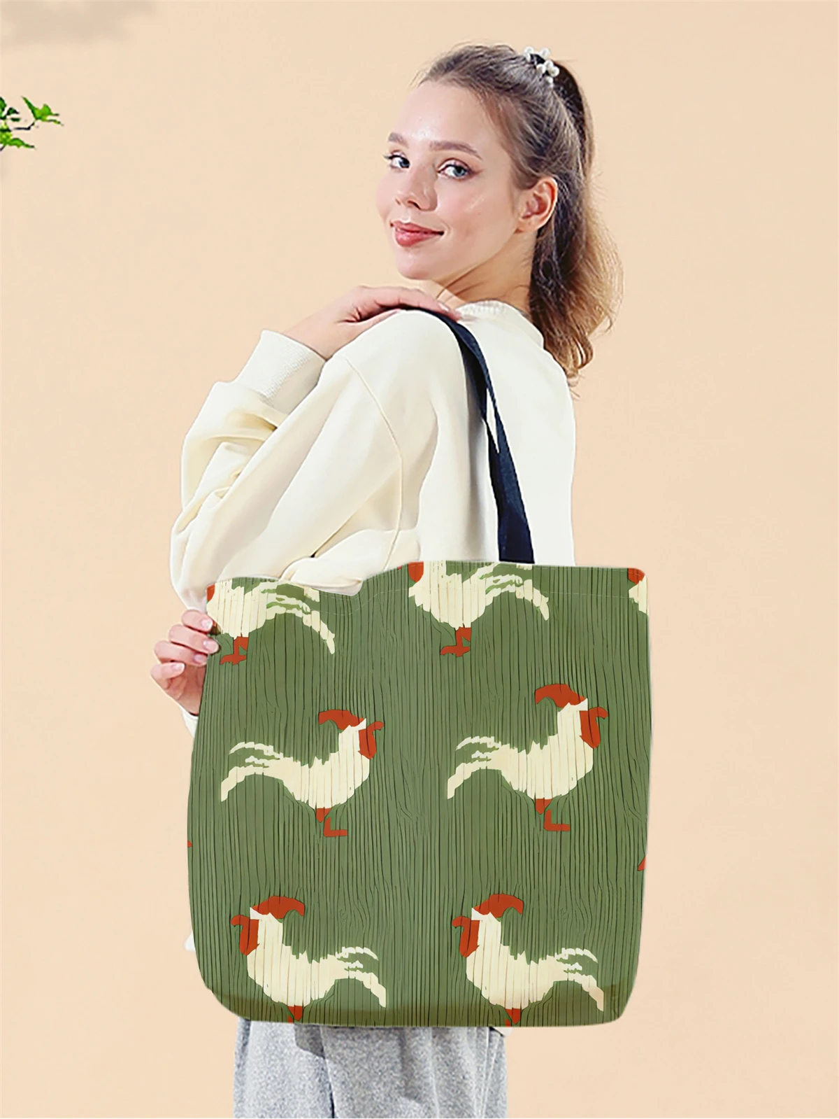 1pc,cartoon rooster handbag, reusable fashionable handbag, multifunctional handbag, printed canvas shopping bag