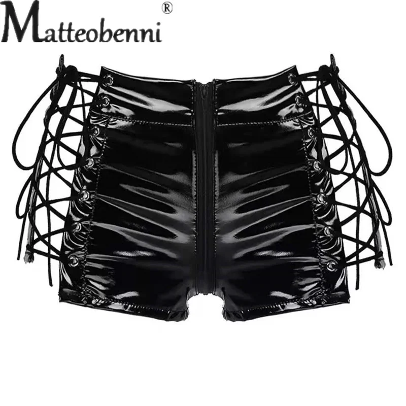 Women High Gloss PVC Patent Leather Shorts Sexy Side Lace-up Zipper Open Crotch Three Quarter Pants Female Nightclub Party Wear