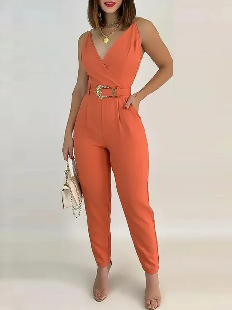 V-Neck Pocket Detail Cami Jumpsuit with Belt: a Fashionable Summer Staple