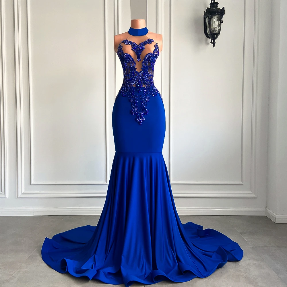 Long Prom Dresses 2023 Elegant High Neck Luxury Beaded Embroidery Royal Blue Spandex Black Girl Mermaid Prom Gala Gowns