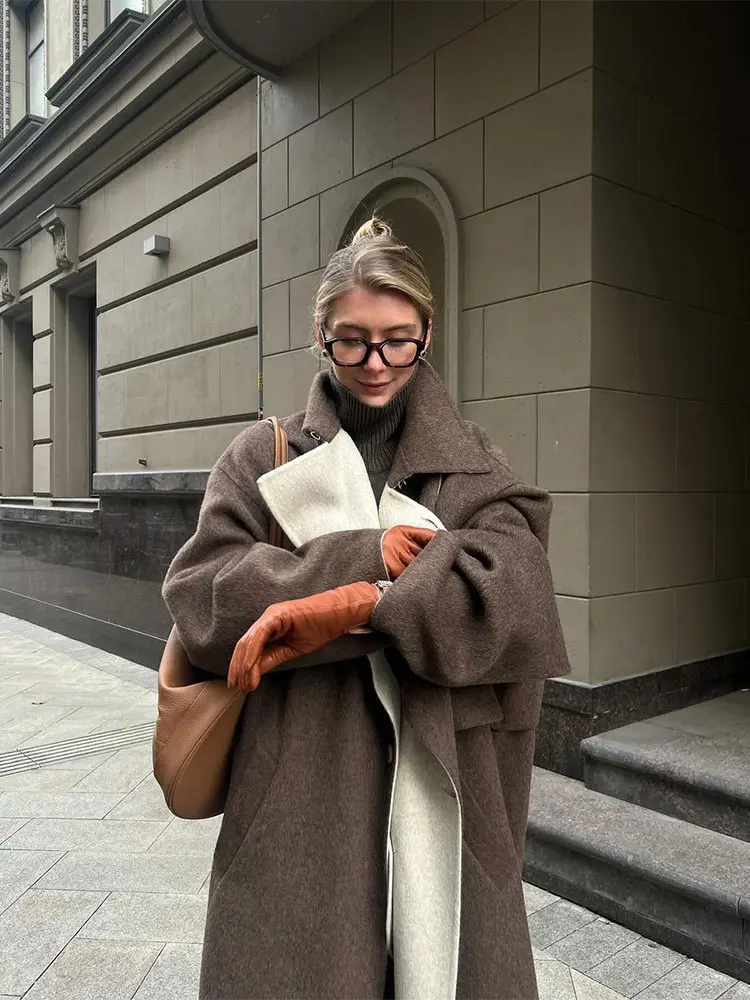 

Elegant Solid Woolen Overcoat For Women Casual Turn-down Collar Loose Sleeve Long Coat 2023 Autumn Winter Lady High Streetwear