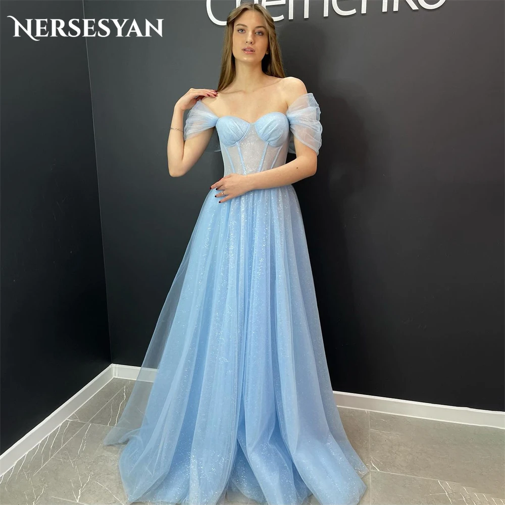 

Nersesyan Glitter Sky Blue Formal Prom Dresses Off Shoulder A-Line Shiny Evening Dress Backless Sparkly Sequins Party Gowns 2024