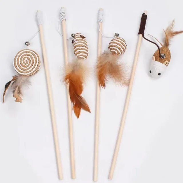 1PC Teaser Feather Toys Kitten Funny Colorful Rod Cat Wand Toys Wood Pet Cat Toys Interactive Stick Pet Cat Supplies 6