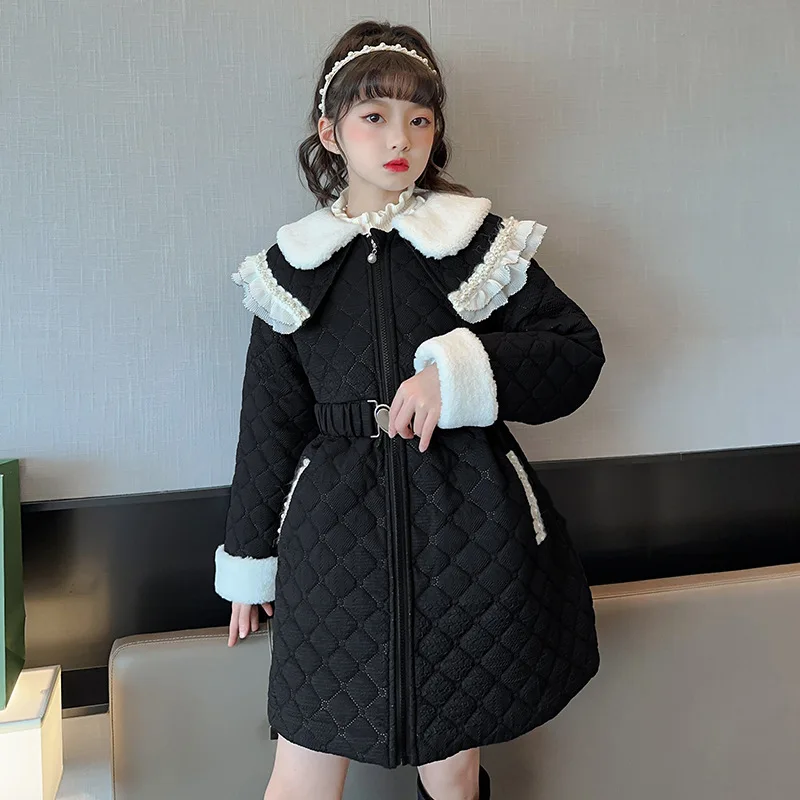 

Kids Autumn Winter Long Coats Plus Velvet Warm Jacket Comfortable Fashion Girls Belt Overcoats Children Clothes 4 6 7 8 10 12 Y